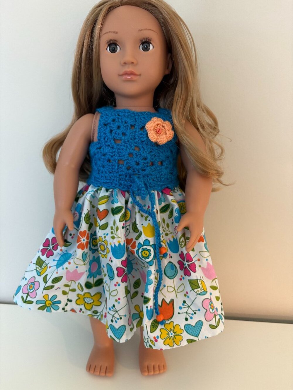 Blue Chrochet & Floral Dress for 18" Dolls